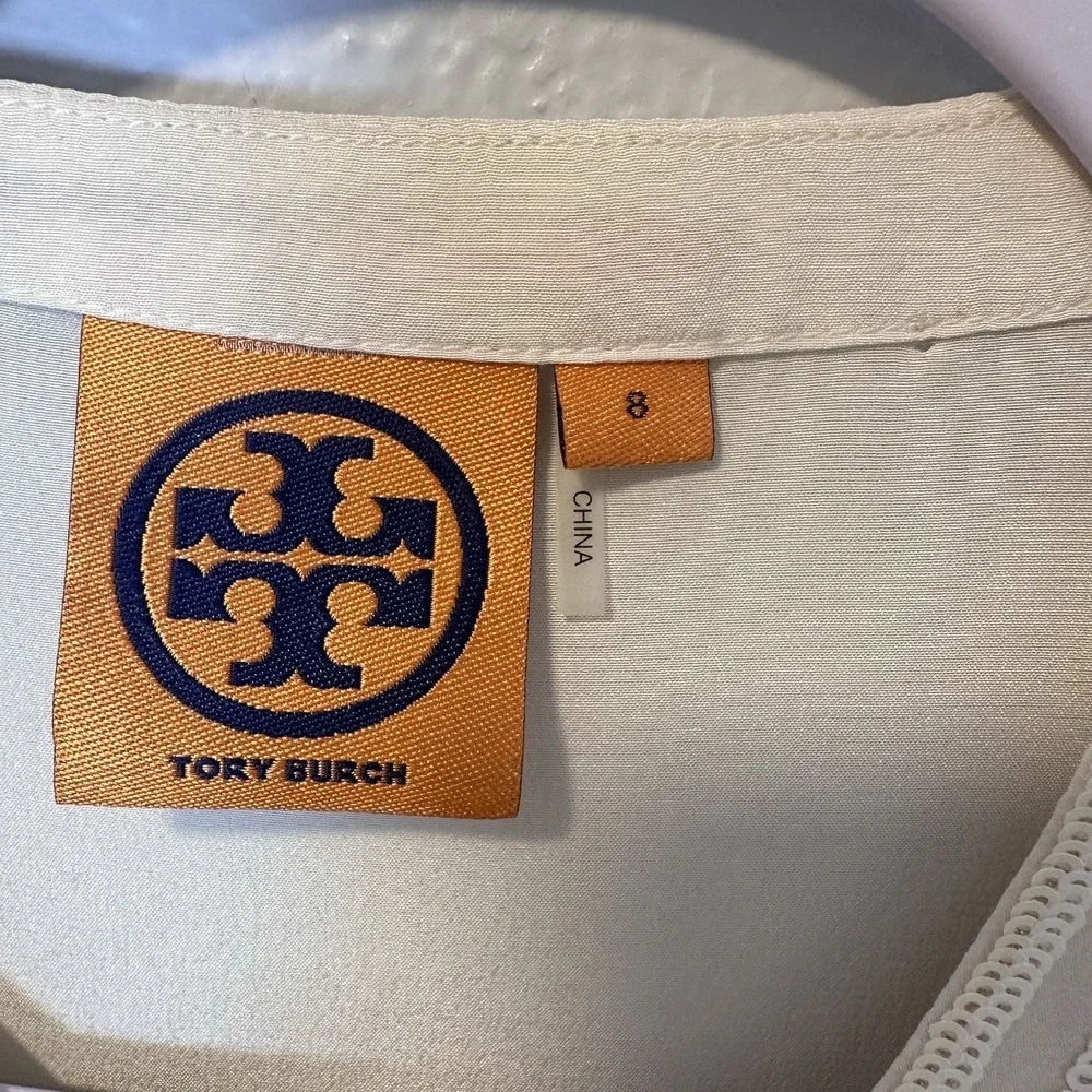 Tory Burch Size-8 Silk Embellished  Blouse 3/4 Sleeve Top‎ Ivory